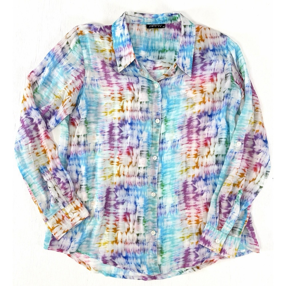 APNY Button-up W/ Roll-up Sleeve Shirt Women's Size M Rainbow Tie Dye Top Blouse
